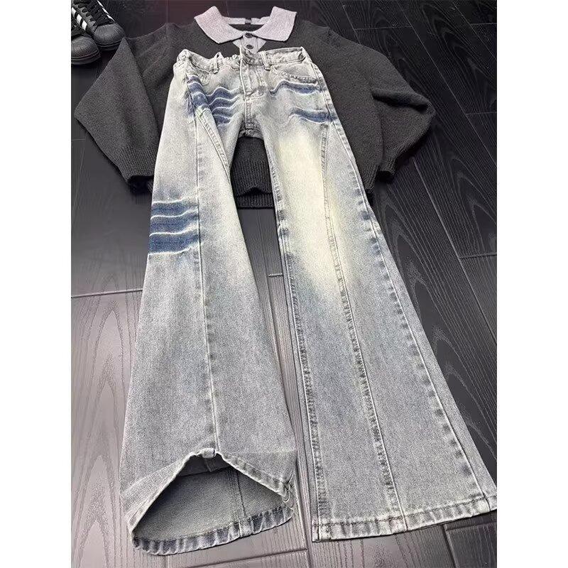 American diagonal lightning pattern jeans men's trendy high street slim-fit pants showing thin legs and slightly pulled pants