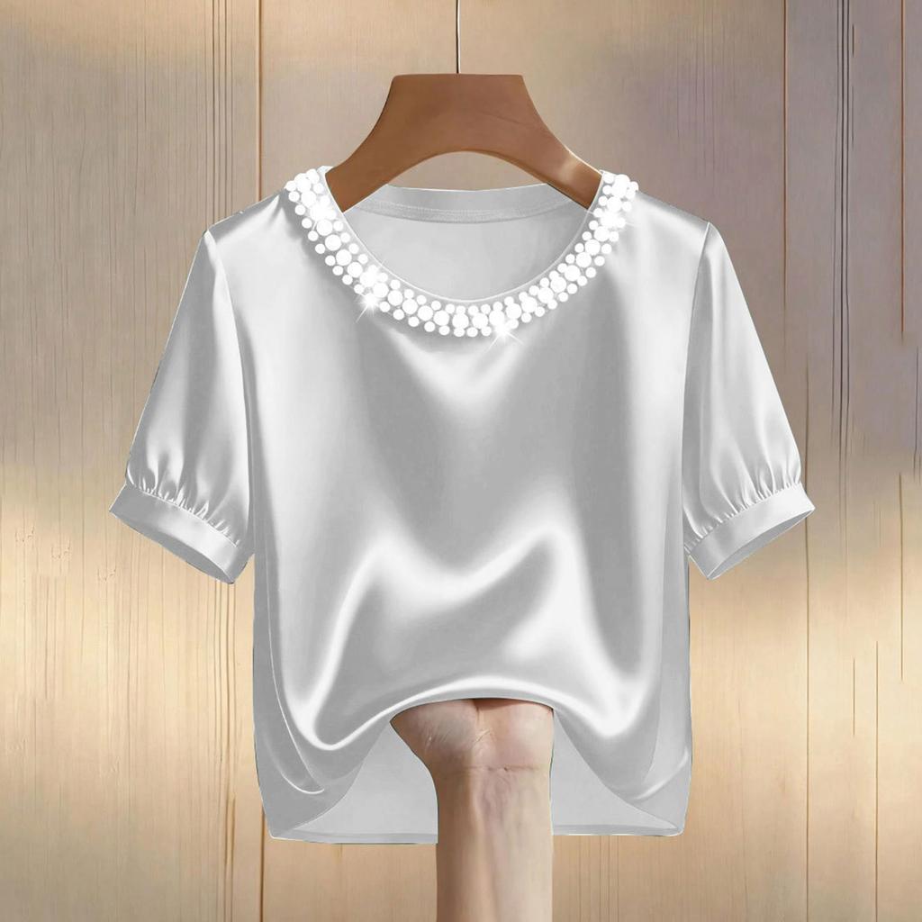 Damen-T-Shirt mit Satin-Perlenmuster, Rundhalsausschnitt und kurzen Ärmeln, lässiges Oberteil