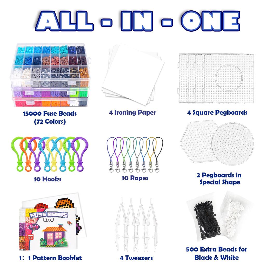 FUNZBO 5mm Iron-On Beads 15,000 Pieces 72 Colors Craft Kit with 66 Patterns - Perfect for Easter, Birthday Gifts, Art and Craft Set for Ages 6 and Up,