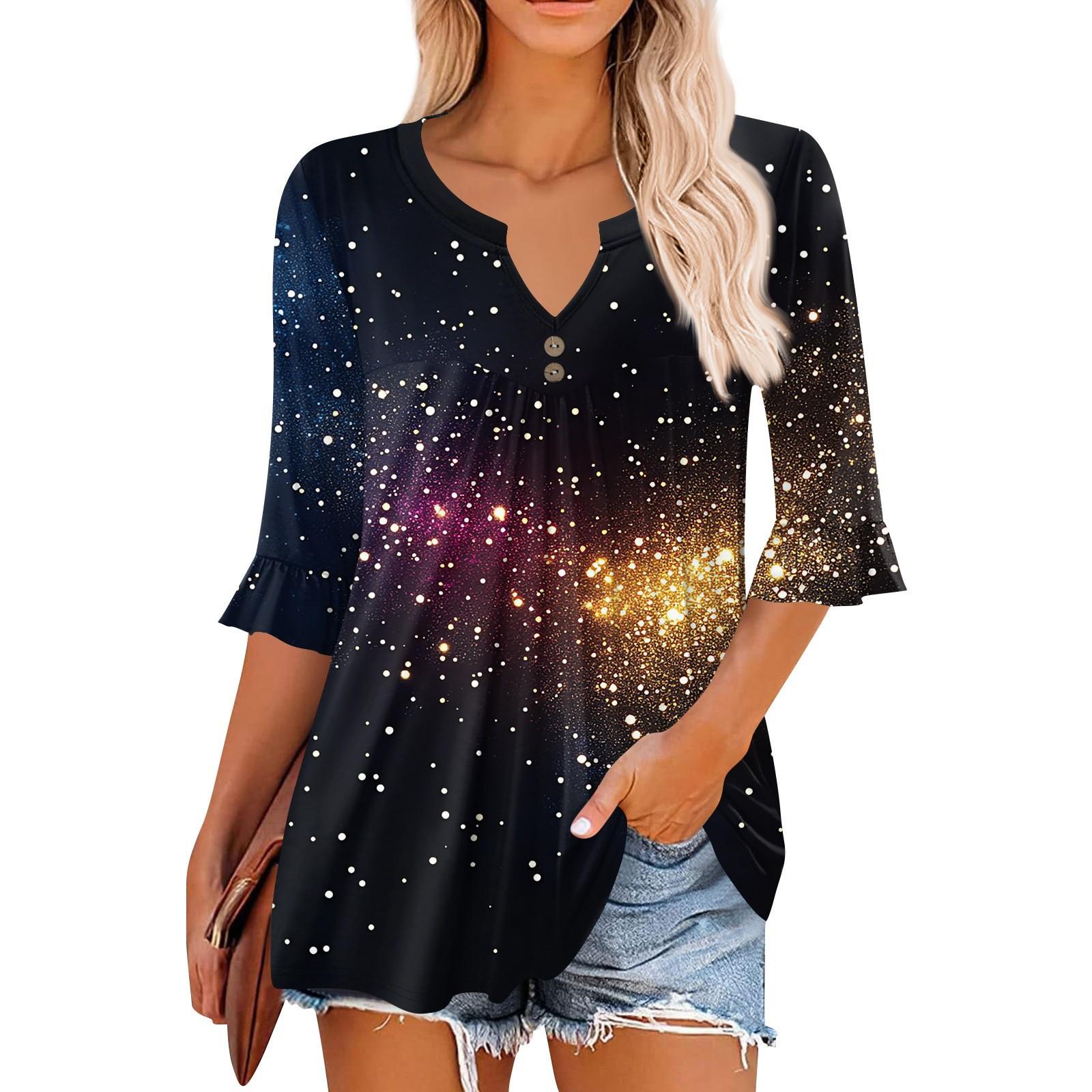 

3/4 рукава топы для женщин повседневные оборки V-образный вырез футболки рабочие блузки нарядные туники топы XXXL чёрный