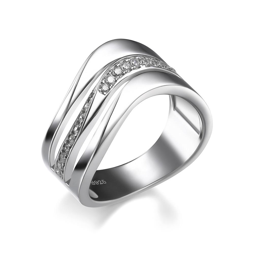 Huitan Fashion Contracted Office Lady Finger Rings Silver Color Wave Shape Shine CZ Stone Simple Daily Wear Party Women Jewelry