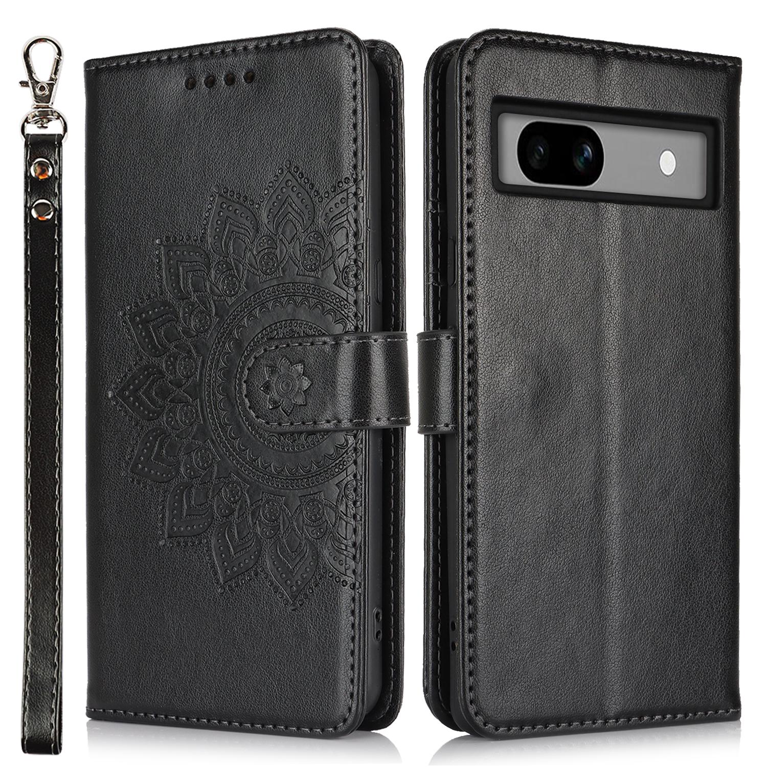 

For Google Pixel 7a Case Textured Leather Wallet Phone Cover with Strap Black