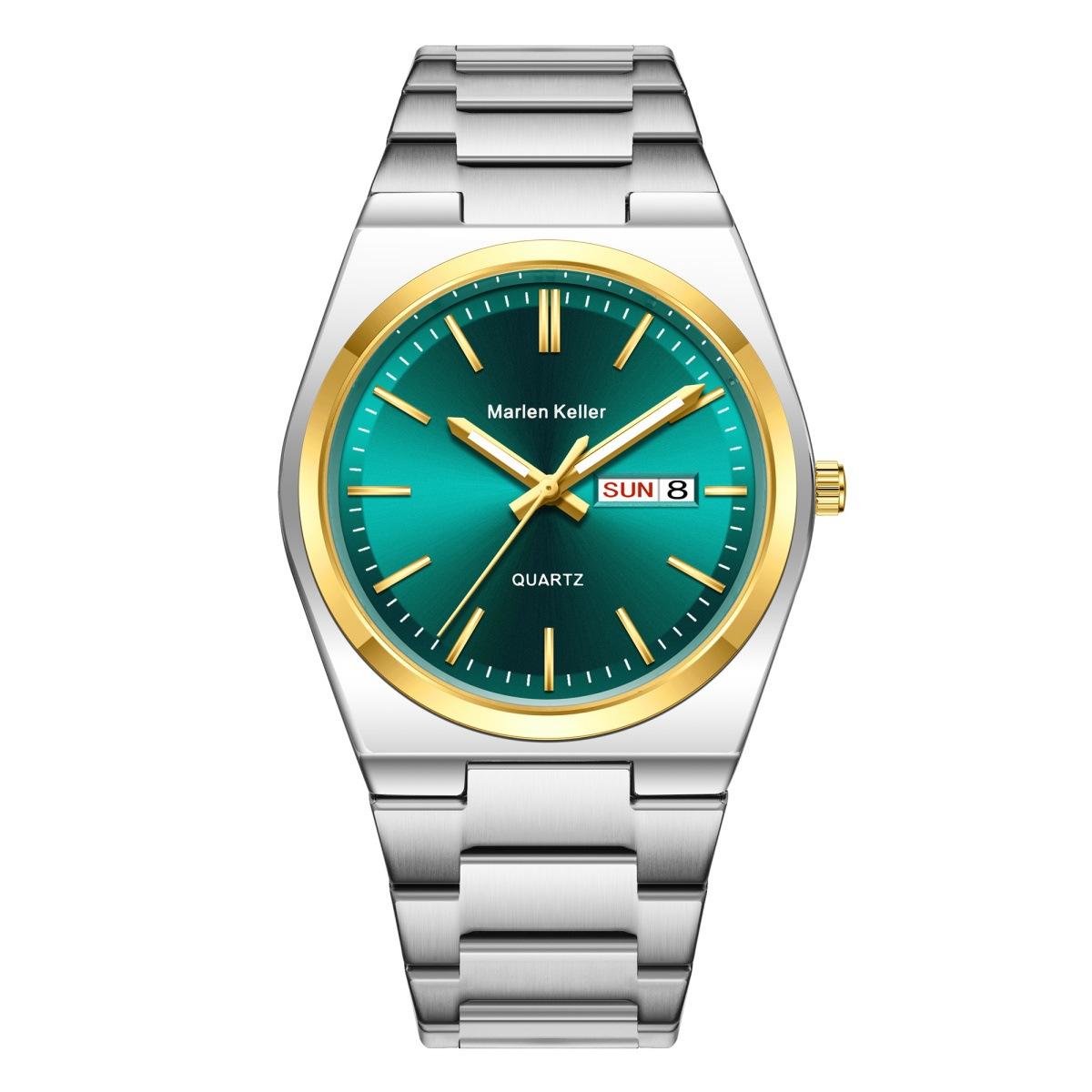 

Мужские часы из нержавеющей стали с двойным календарем, водонепроницаемые, мужские деловые, для отдыха, модные кварцевые часы золотой/зелёный