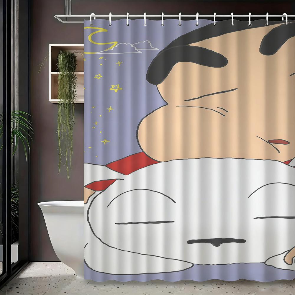 Crayon Shin-Chan & Friends Adventure On Rocks 2D Print Waterproof Shower Curtain, Blue Night Anime Bathroom Decor With Hooks