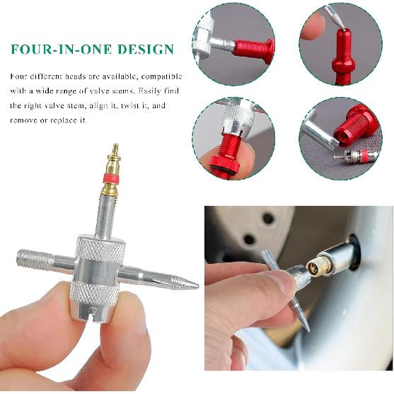 4-Way Tire Valve Tool, 4-in-1 Automobile Valve Core Remover Installer Tire Stem Puller, 4 Way Multifunctional Tyre Stem Core Wrench Repair Tool for