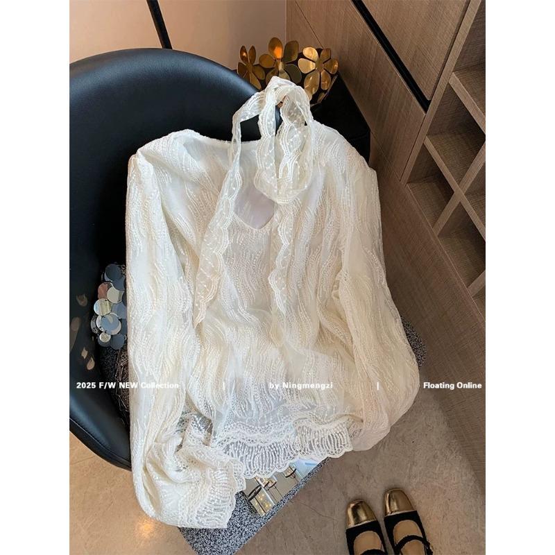 

V-neck lace embroidered shirt women s spring wear new super fairy temperament age-reducing top XL абрикосовый