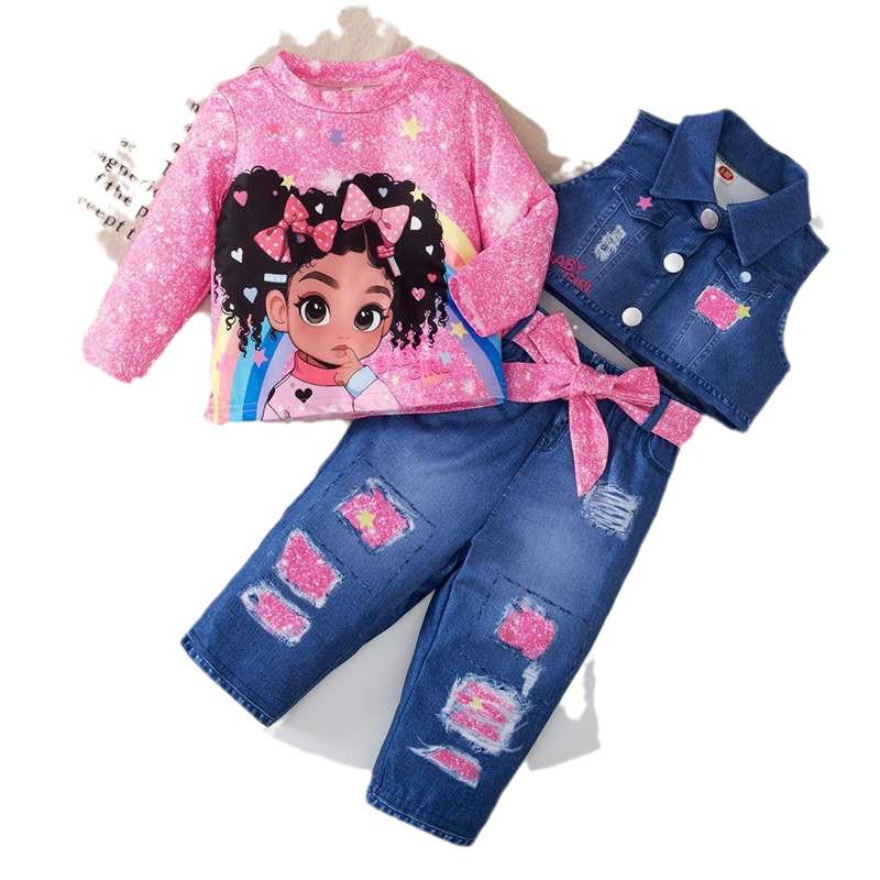 Zestaw 3-częściowy dla dzieci z nadrukiem dżinsowym 2024: Kamizelka, Bluzka z długim rękawem i Spodnie
