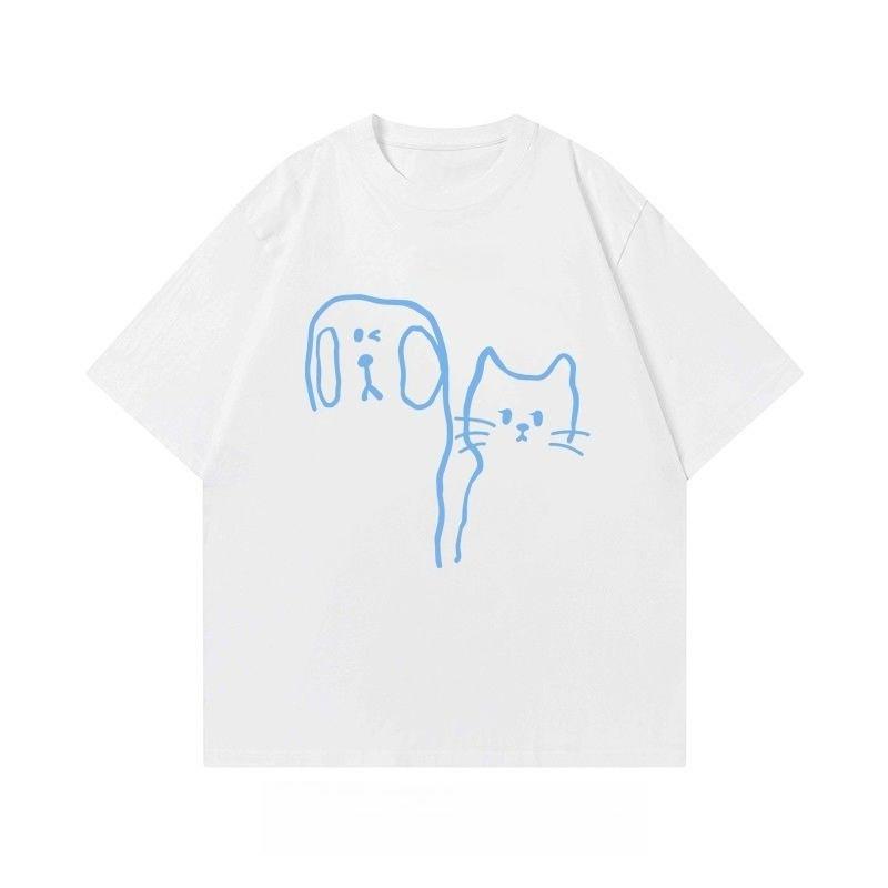 Cute Dog Cat Duo Line Art T-shirt