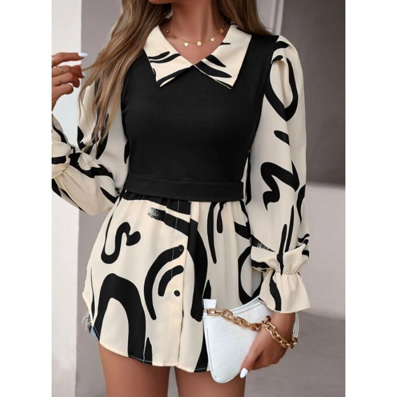 Women's Blouse Bubble Sleeve Temperament Casual Colorblocking Blouse