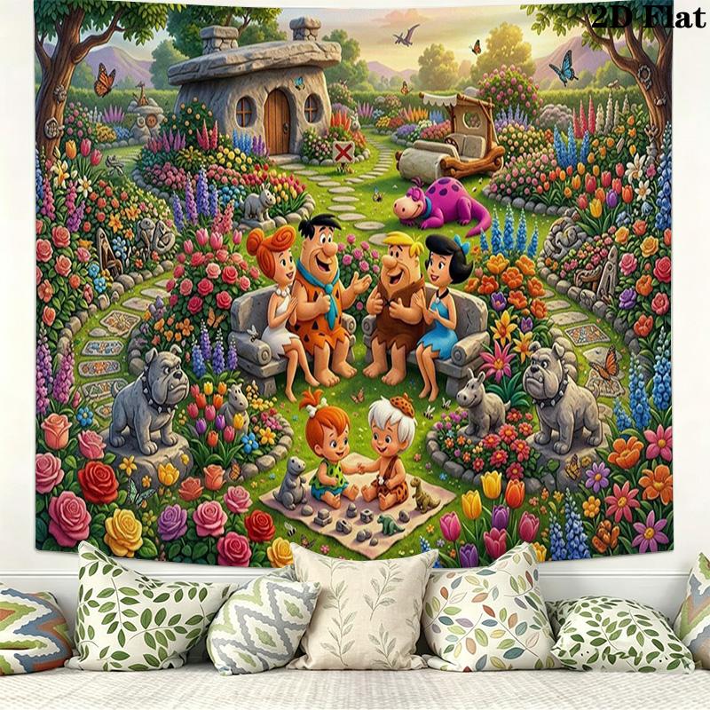 The Flintstones Cartoon Wall Tapestry Aesthetic Wall Hanging Printed Fabric Blanket Decorative Tapestries for Bedroom Living Room Home Decor
