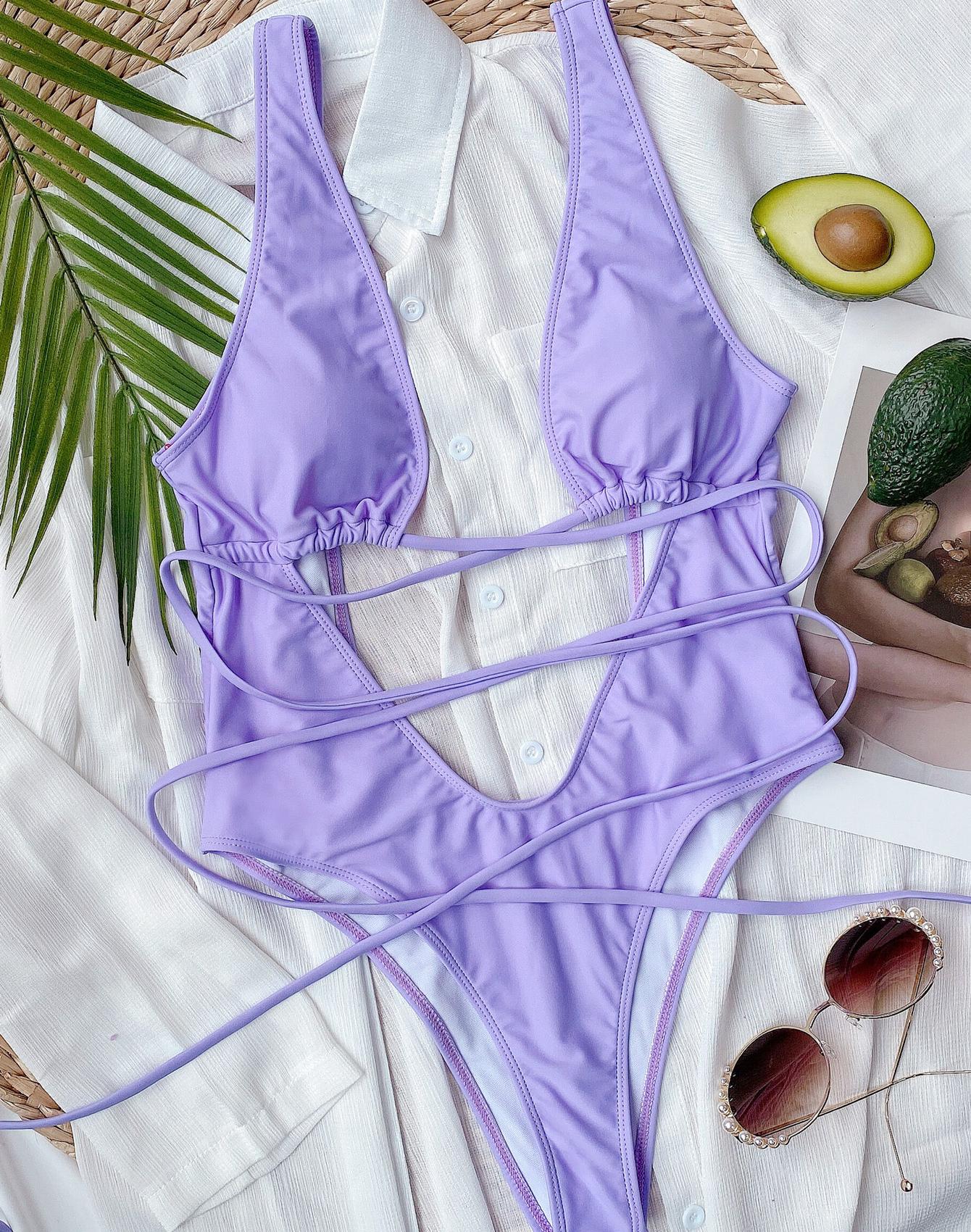 

Сексуальный женский купальник, модный однотонный купальник с вырезом и завязками, цельное бикини, пляжная одежда, 6 цветов L фиолетовый