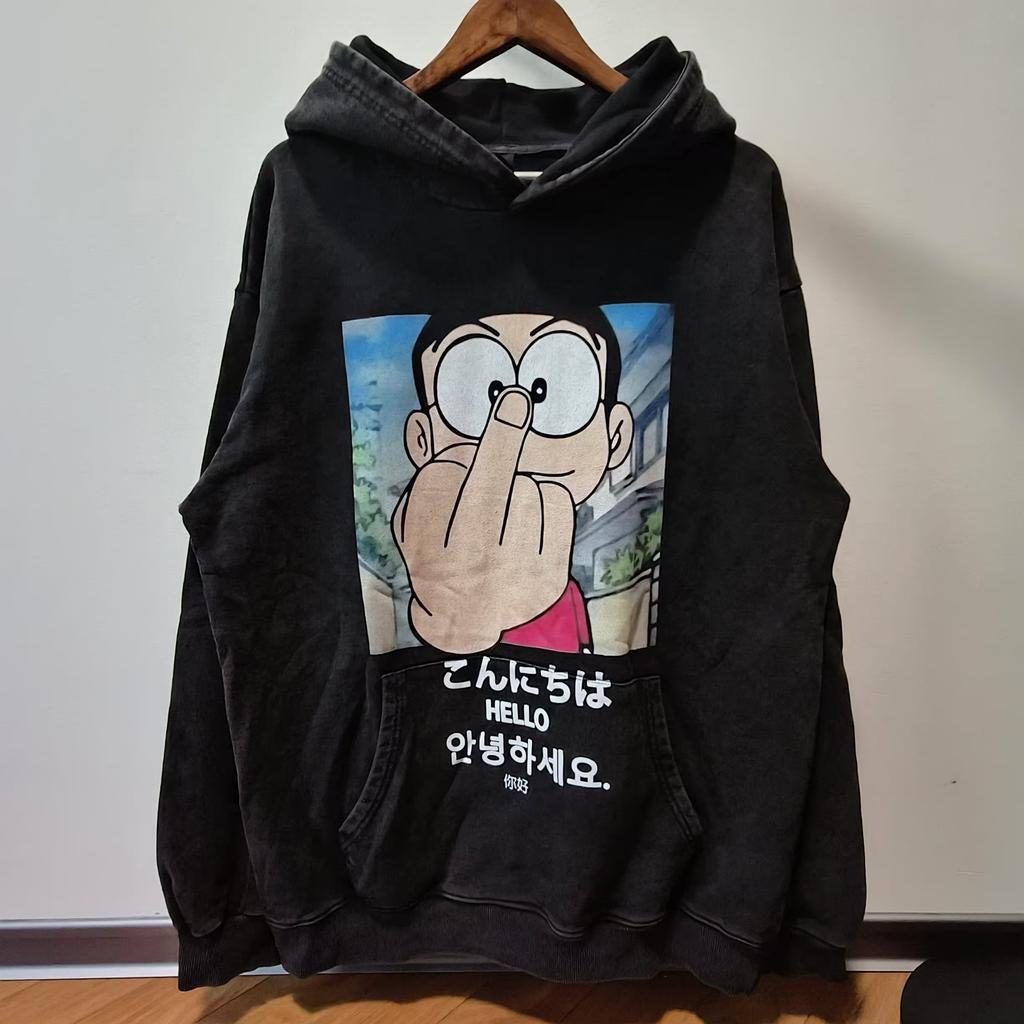 Trendy Brand Washed Hooded Sweatshirt Japanese Street Hip Hop Cartoon Print Hoodie Vintage Vintage Jacket Men'S And Women'S Fashion