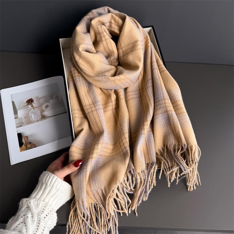 Everyday Casual Retro Plaid Designer Scarf Women Neckerchief Winter Cashmere Shawl Blanket Wrap Pashmina Tassel Warm