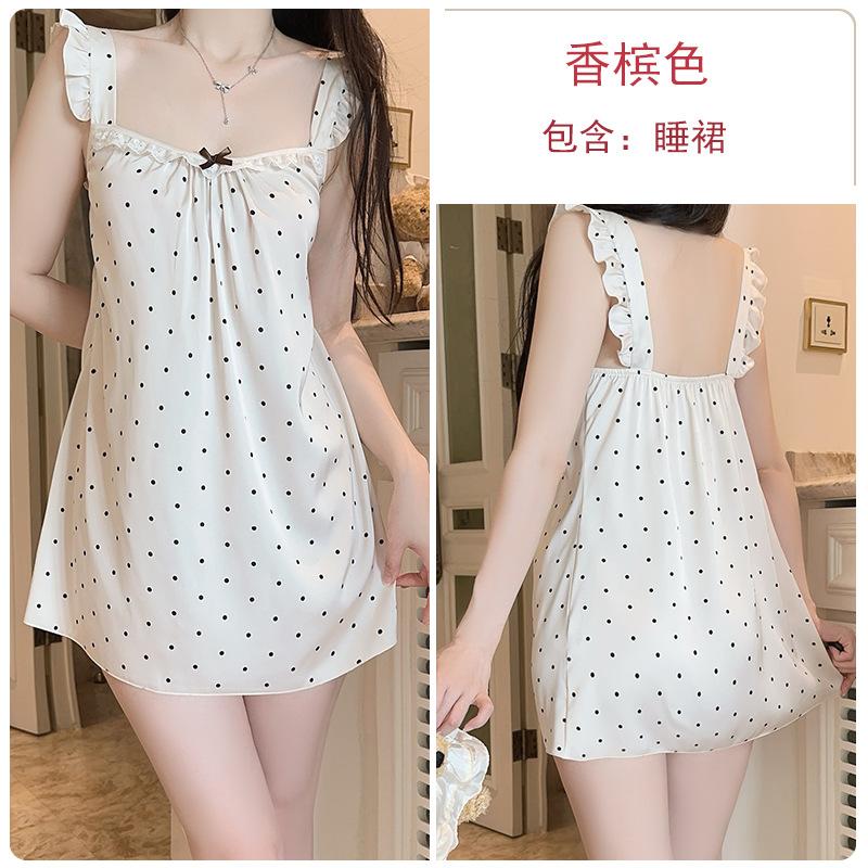 Fashion ice silk polka dot flying sleeves sweet bow embellished halter nightdress women s loungewear suit M шампанского