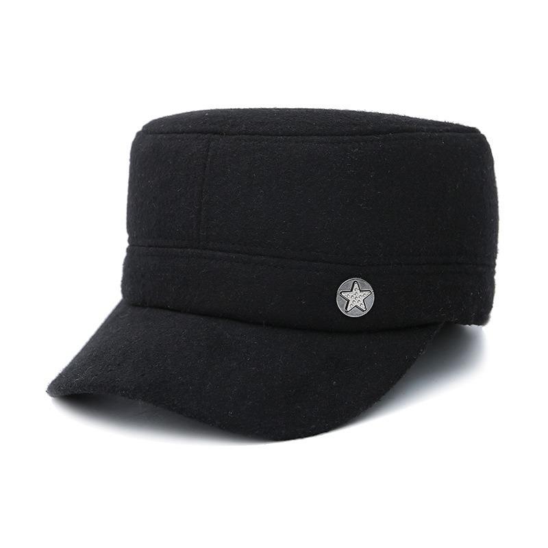 

Мужская шерстяная шляпа с плоским верхом и защитой ушей - Осенне-зимняя ветрозащитная бейсболка однотонного цвета Adjustable чёрный