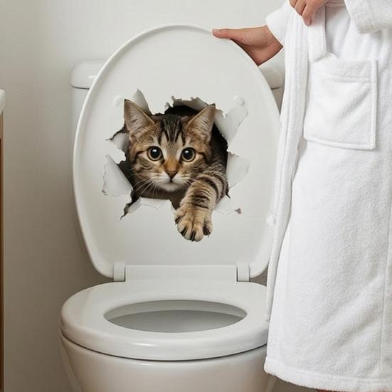 Easy Apply Toilet Seat Stickers 3D Realistic Cat Sticker, Waterproof PVC Lid Decal, Removable Cute Bathroom Decor for Home Self-adhesive Kitten