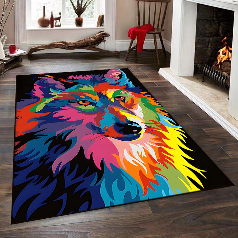 Colorful Wolf Face Design Rug Non-slip Rug Suitable for Living Room and Bedroom Sofas