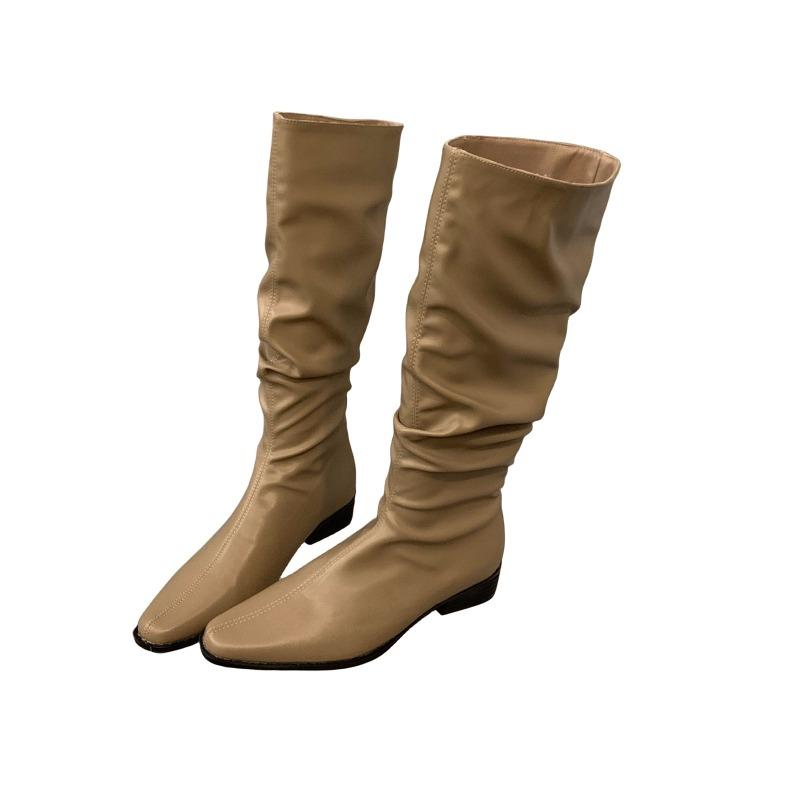 Women's Square Heel Pleated Long Tube Knight Boots Pointed Low Heels Casual Elegant Temperament Slim Boots Leather Women Shoes