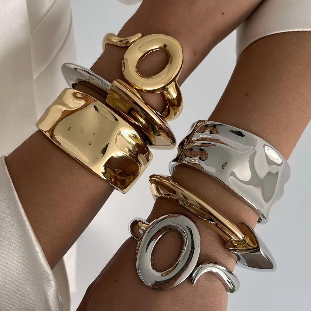 SHIXIN 2026 New Smooth Gold Color Silver Color Open Spring Bangles for Women Design Geometric Wide Cuff Bracelets Hand Jewelry