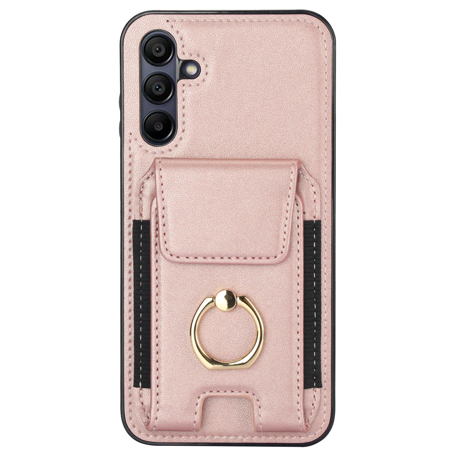 

For Samsung Galaxy A15 4G/A15 5G Case Ring Kickstand Leather+TPU Cover with Card Holder Rose Gold