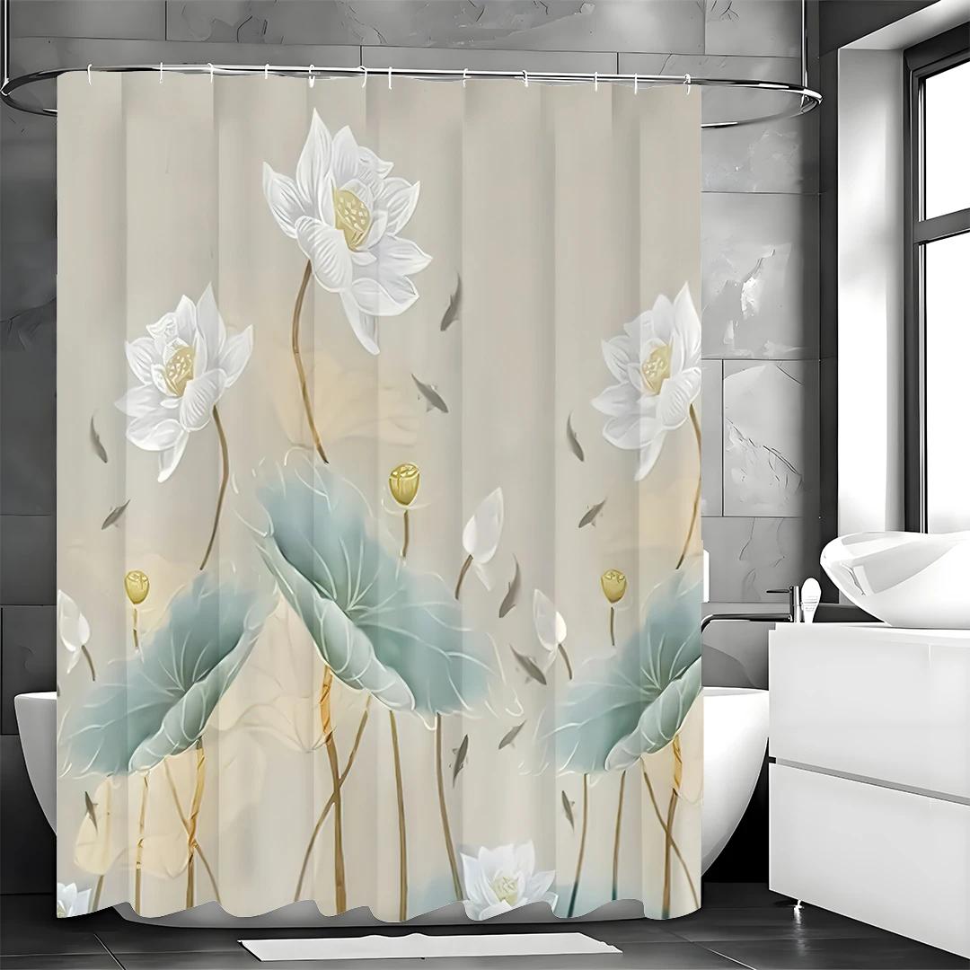 

Chinese Ink Painting Lotus Flower Lotus Leaf Goldfish Shower Curtain, Bathroom Decorative Shower Curtain, Waterproof Shower Curt W60H190(CM)-1 Pcs