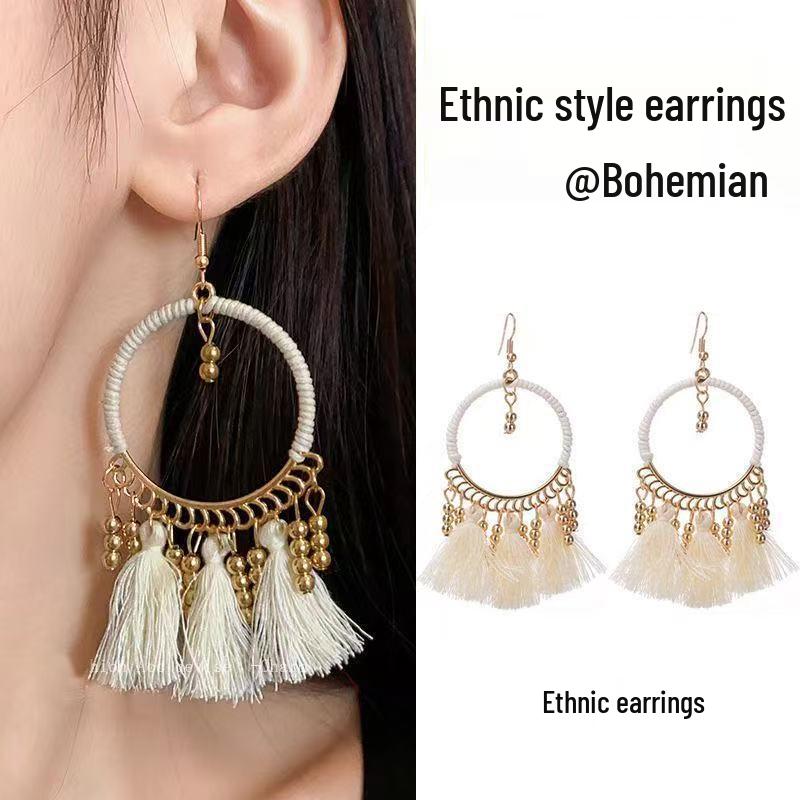 Bohemian Feather Seed Bead Tassel Earrings - Retro Ethnic Dangle Jewelry
