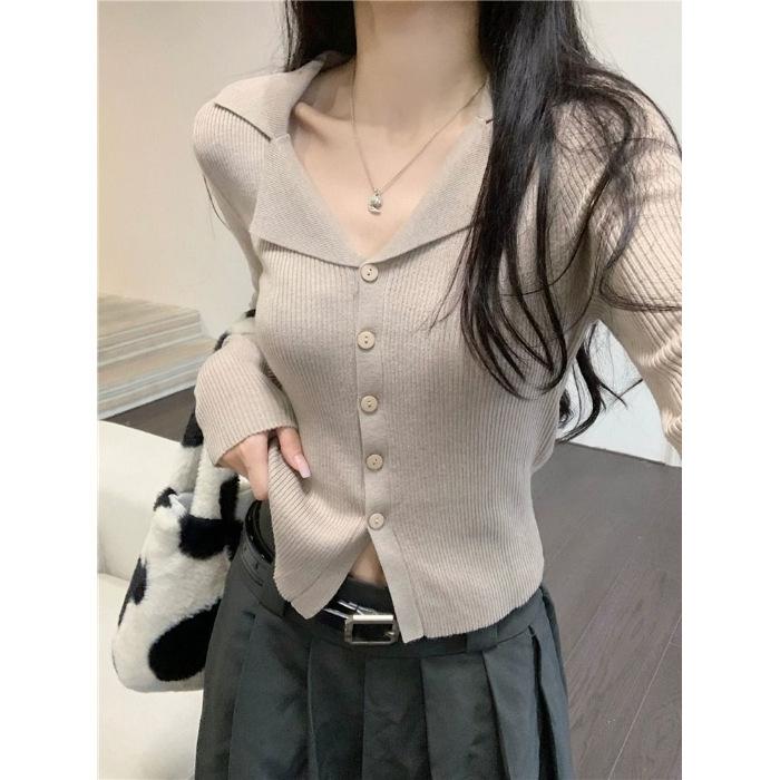 French Polo Lapel Knitted Bottoming Shirt Women's Autumn and Winter Thin Outer Cardigan Top Slim Fit Long-sleeved Sweater