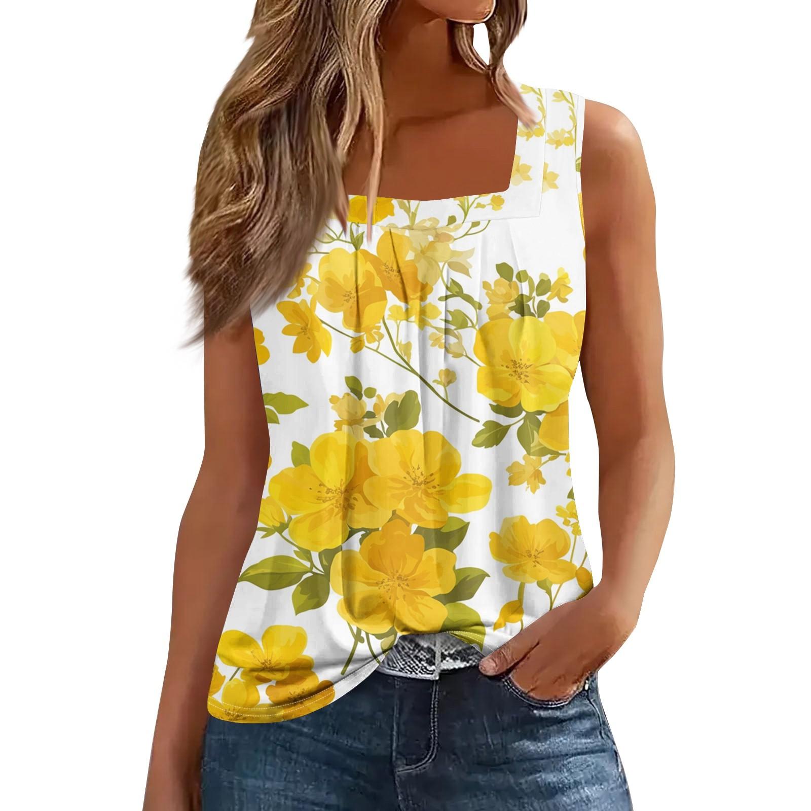 

Літня жіноча модна повсякденна плісирована жилетка без рукавів із квадратним коміром і принтом XL жовтий