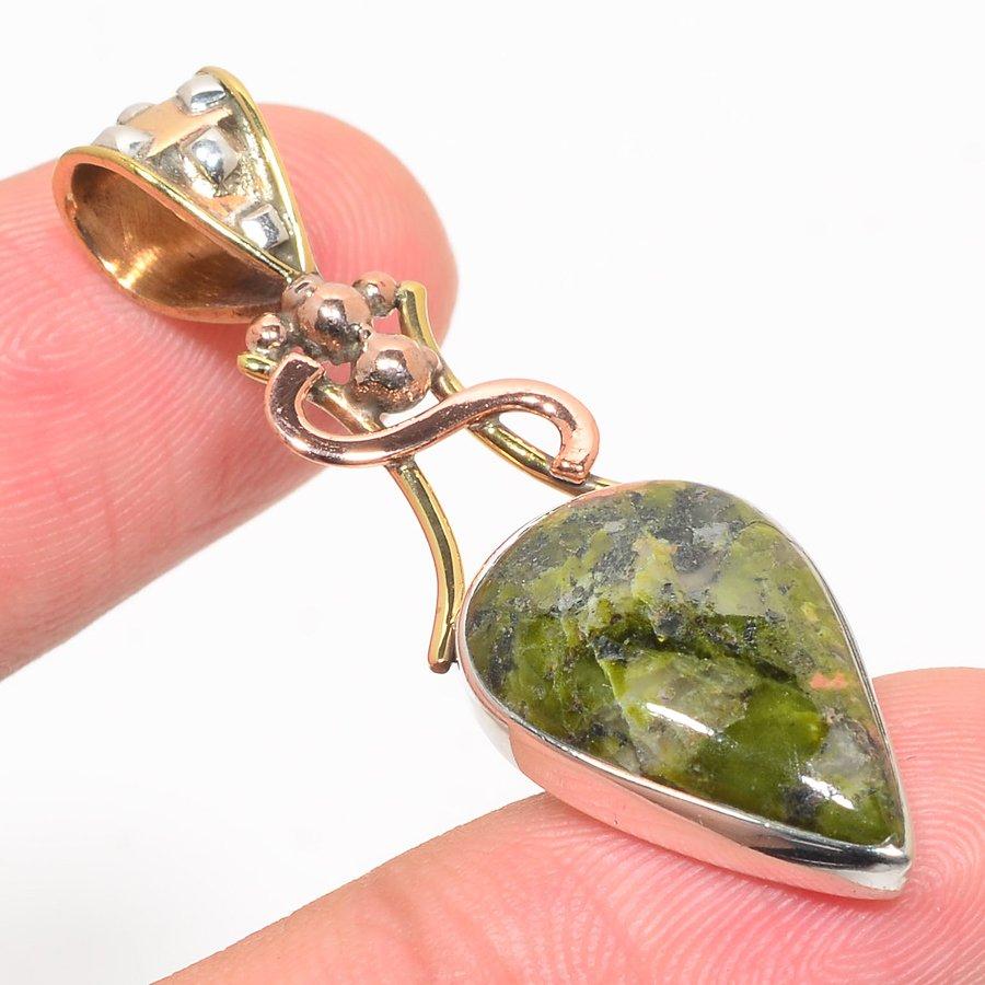 Natural Unakite Gemstone Two Tone 925 Solid Sterling Silver Gift Pendant 2" U8L97