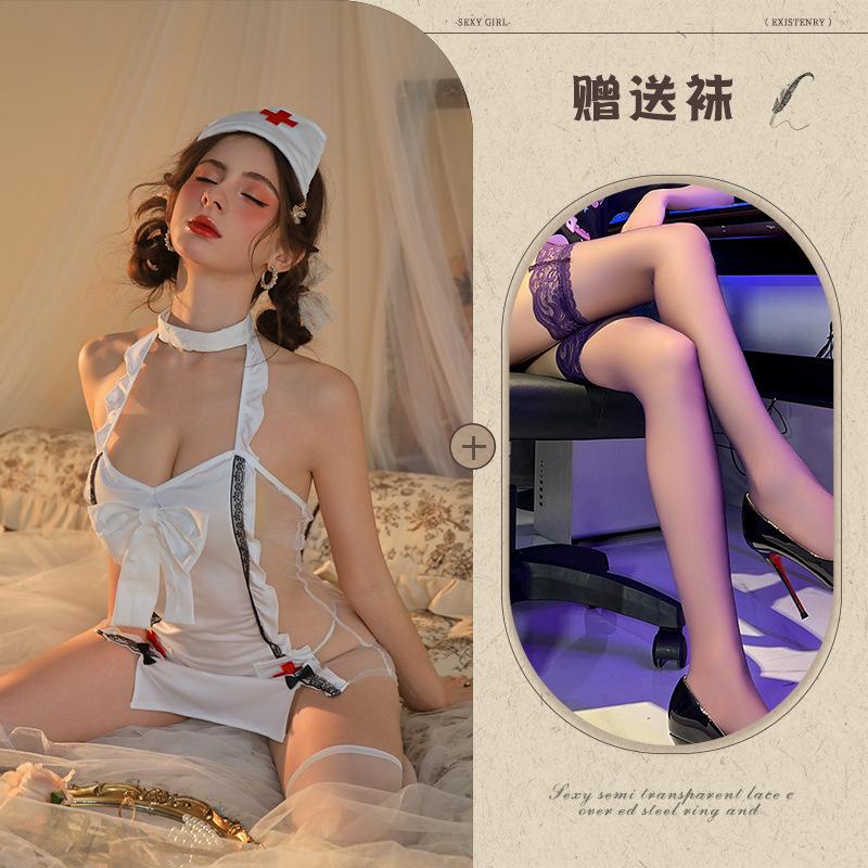 Meiyunjia Suspender Lace Perspective Nurse Hot Sexy Passion Bed Bow Uniform Set