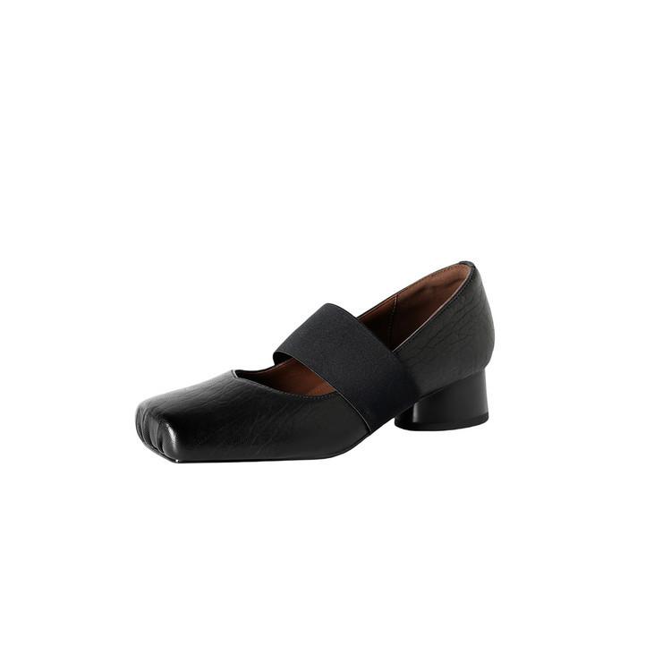 French square head shallow mouth leather single shoes women's 2025 autumn elastic band medium heel thick heel soft sheepskin Mary Jane shoes women