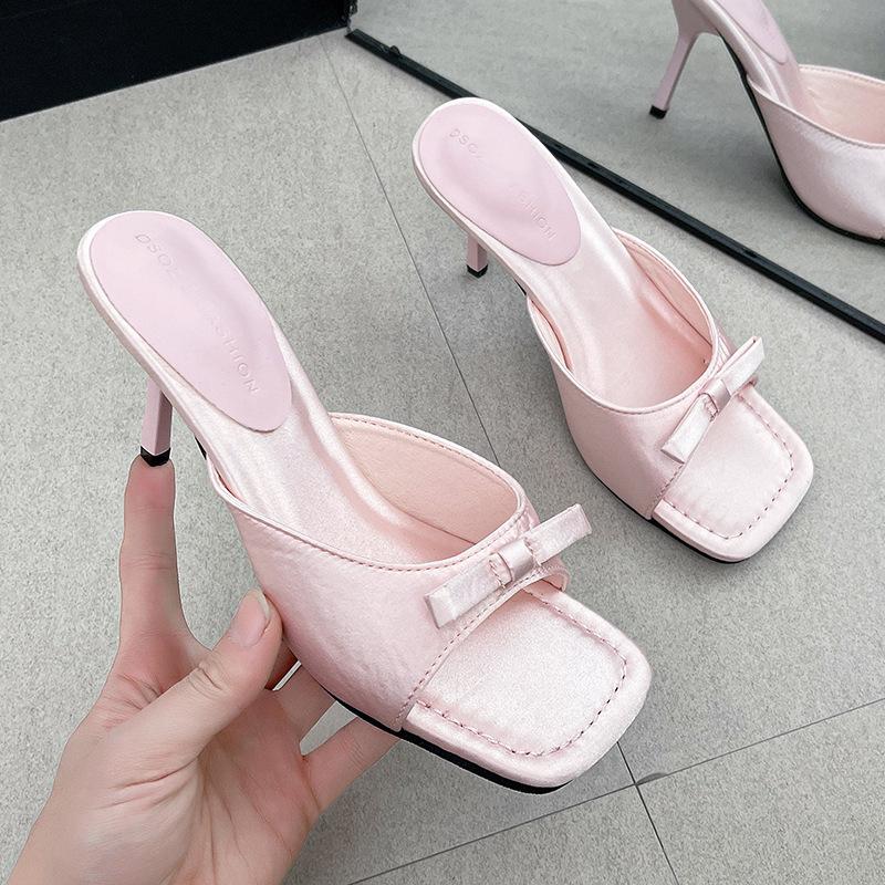Temperament black bow high heels women's 2025 summer new versatile thin heel women's cool slippers