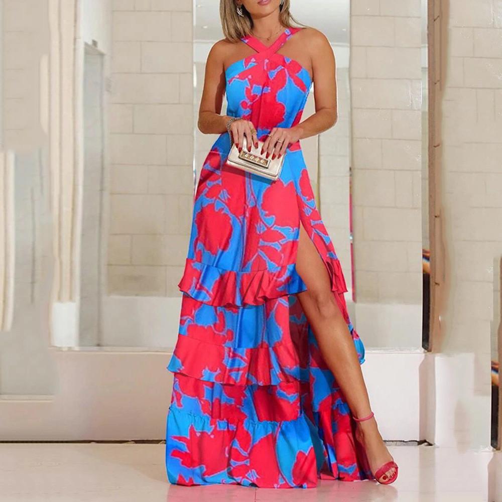 

Women Wedding Bride Bridesmaids Elegant Halter Print Split Sleeveless Maxi Long Dress Party Ball Gown S синий