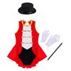 Girls Ringmaster Circus Costume Sleeveless Cutout Back Leotard Hat Magic Wand Gloves Halloween Cosplay Set