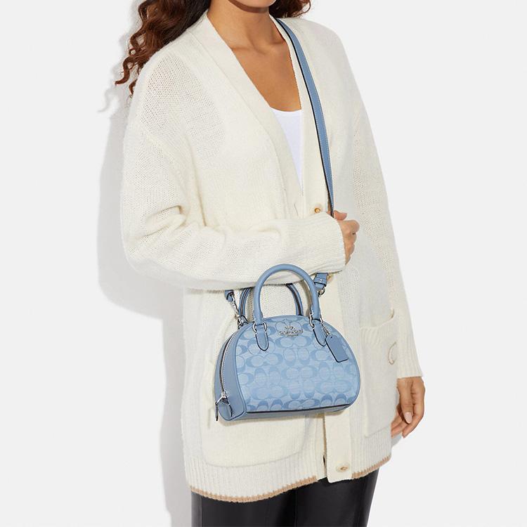 Coach Sydney 20 Classic Monogram Zip Closure Chambray Coated Canvas And Leather Shoulder Bag Women shoulder bag Light-Blue CH140-SVM6A