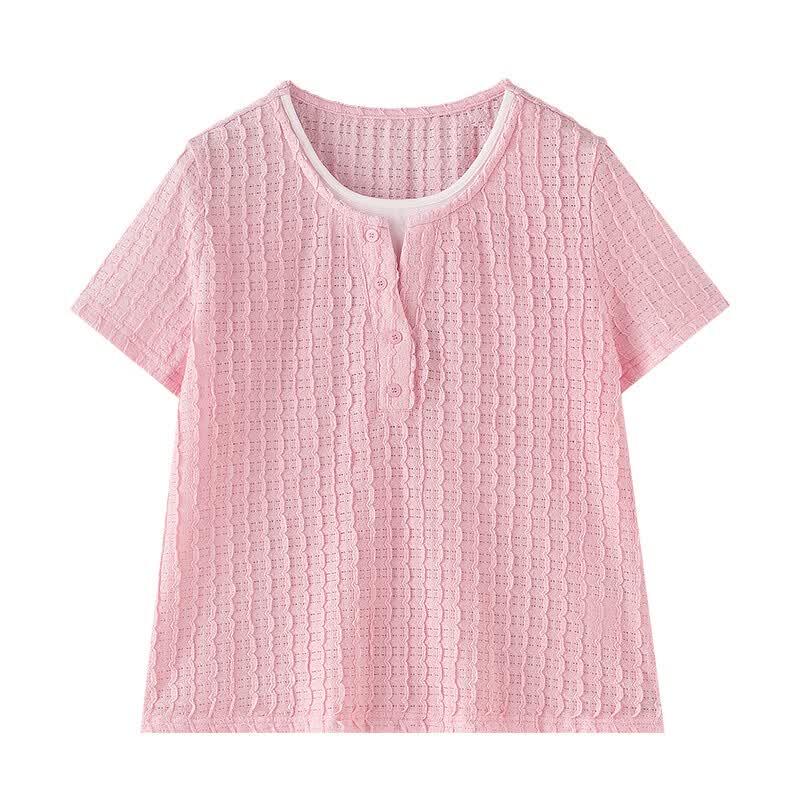 Women's Retro Color Block Henley Short Sleeve T-Shirt