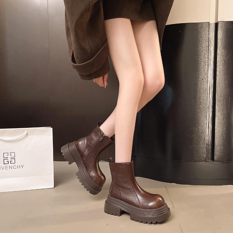 Retro thick-soled Martin boots for women's new small height-increasing and thin side zipper cigarette boots
