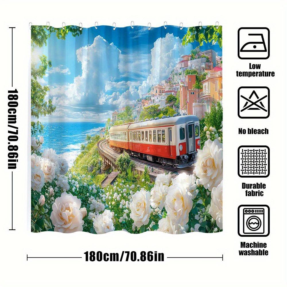 1Pc Coastal Train Shower Curtain - Red & White Locomotive, Pastel Seaside Village, Blooming Roses & Turquoise Ocean Travel Art