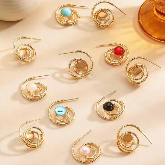 1 Pair Women Earrings Hollow Spiral Design Multi-Color Faux Gemstones Inlaid Electroplated Earrings Jewelry Accessories