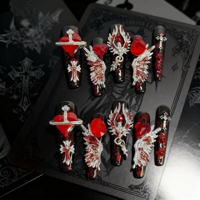 Glitter Long Coffin Press On Nails Fake Nails Tip False Nails with Design Glue On Nails Press Ons Glossy Full Cover Stick On Nails for Women 10Pcs