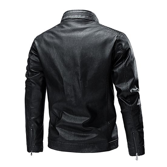 Solid Color Stand Collar Long Sleeves Pockets Zipper Placket Men Jacket Autumn Winter Fleece Lining Faux Leather Motorcycle Windbreaker
