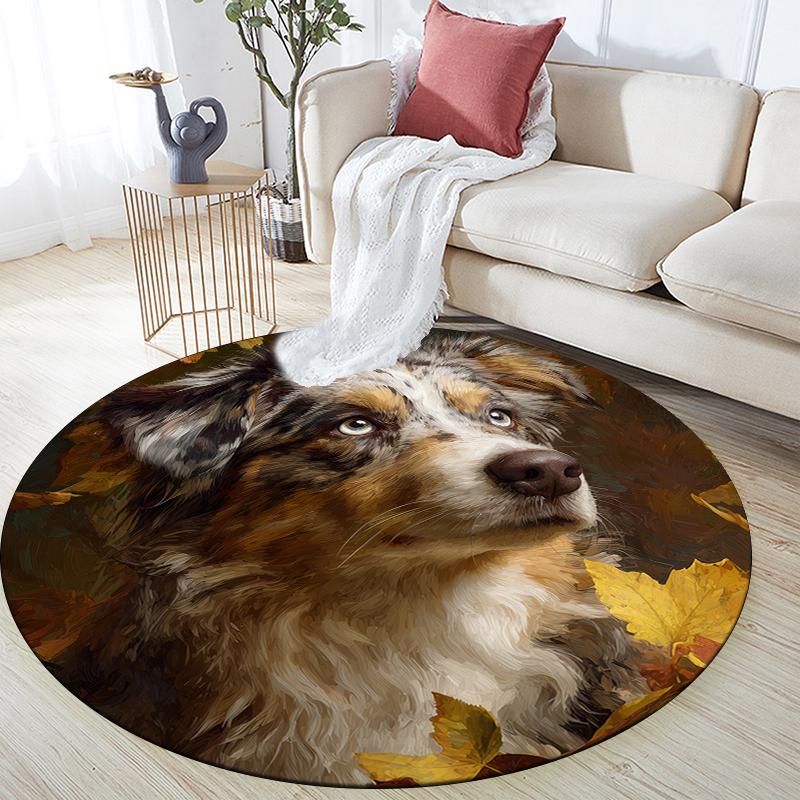 Australian Shepherd and Plants Pattern Round rug,Carpet Rug for Living Room Bedroom  Playroom ,Non-slip Floor Mat,Holiday Gifts and Birthday Gifts.