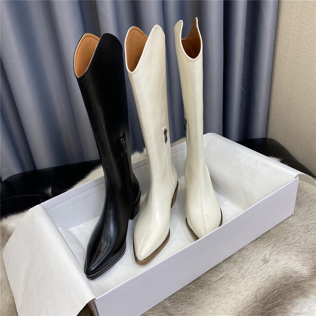 Cowhide Version~ Genuine Leather V-mouth Western Cowboy Boots Women's High-heeled Pointed Knight Boots Long Boots High Boots Zipper Long Boots