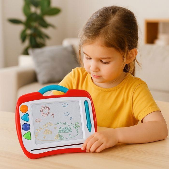 Große Zaubertafel mit Stift und 4 Magnetstempeln, Geometrische Formen, Tragegriff, Zufällige Farbe