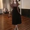 [Spot] Spring and Autumn New French Celebrity Banquet Lace Pattern Splicing Waist Skinny Long Sleeve Dress