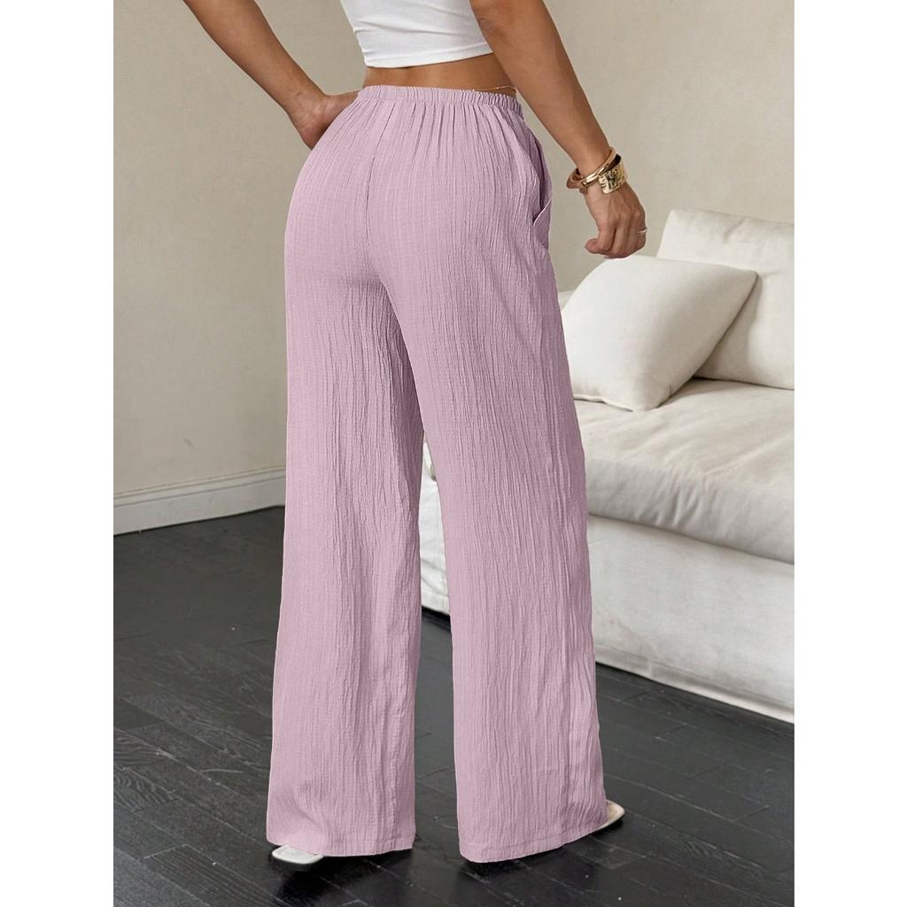 New Women's Casual Solid Color Textured Fabric Knotted Waist Slanted Pocket Wide Leg Pants