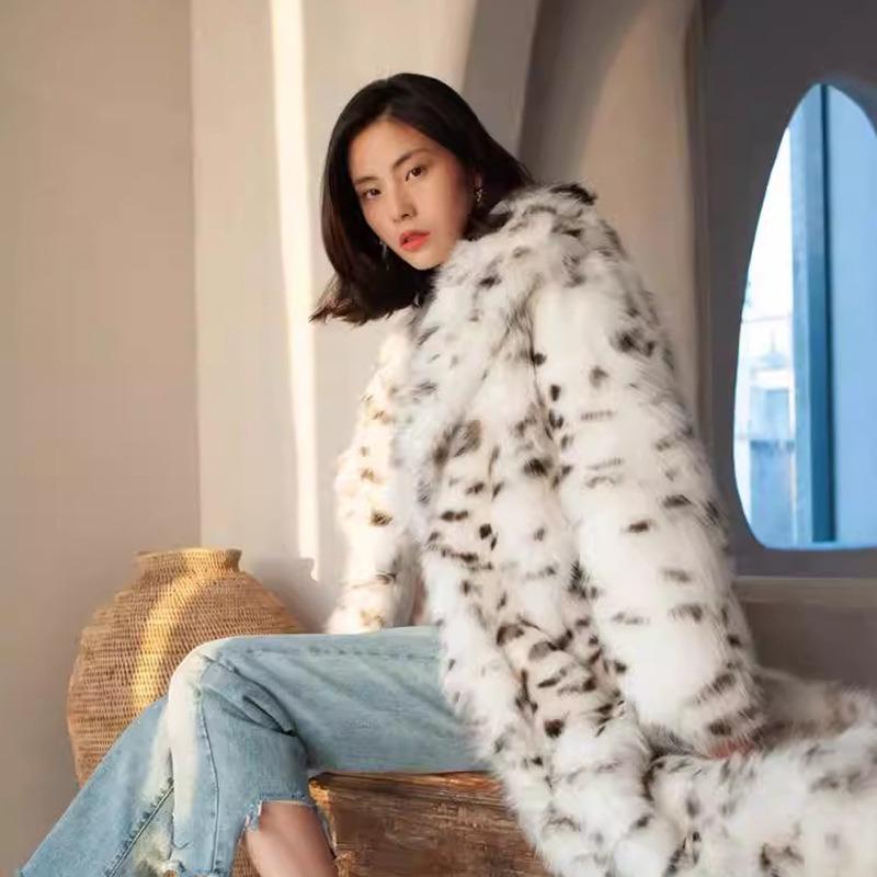 Winter leopard print fur integrated imitation fur jacket women's long suit collar imitation fox hair imitation mink coat