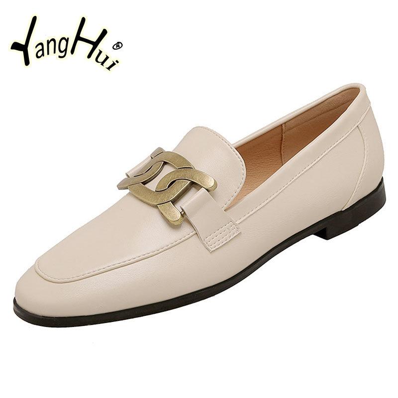 Mary Janes Casual Retro Pumps 2024 New Fashion Artificial Leather Summer Heel Flats Women's Shoes Metal Accessories Pointed Toe