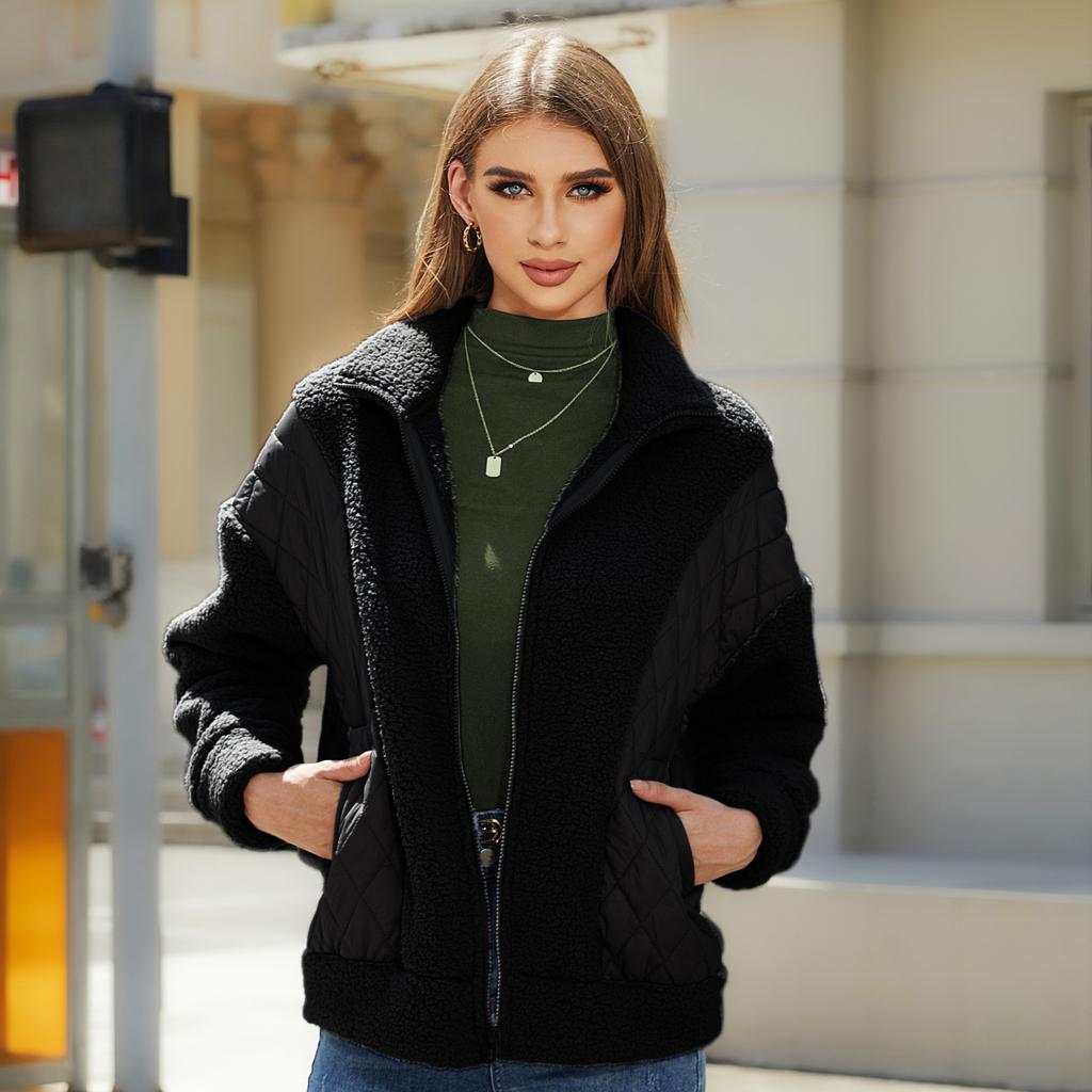 Jachetă de damă, toamnă, iarnă, cu fermoar, haină solidă, caldă, haine artificiale de pluș, haină pentru femei