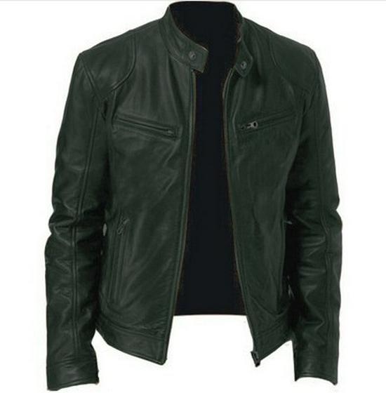 Men's Slim Fit PU Leather Stand Collar Motorcycle Jacket with Zipper and Pocket Details.